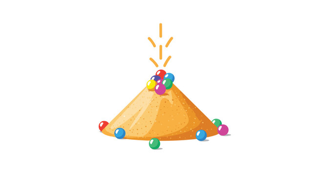Sand mountain resembling a volcano erupting with various colorful spherical balls on a white background as a creative toy or play concept.