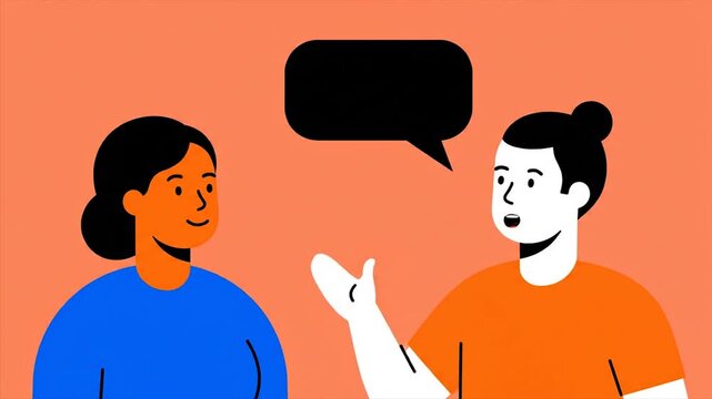 Two women chatting with speech bubble on orange background