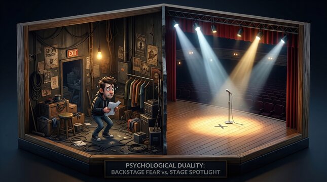 Nervous performer backstage next to empty stage under spotlights. Illustrates stage fright and psychological duality. Ideal for articles about public speaking anxiety or mental health.
