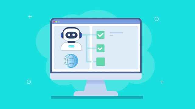 Flat vector animation of a global data dashboard with robot assistant, globe icon, checklist, and workflow elements, representing automation and worldwide digital systems.