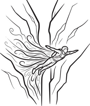 Wingsuit Skydiver Flying Through Canyon Line Art Illustration