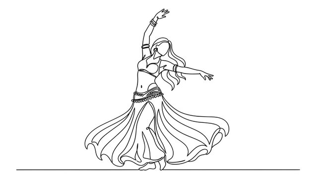 A woman in traditional belly dance attire performs with elegance on white background