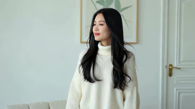 Long-haired women standing indoors, gentle long-haired women at home