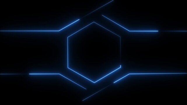 Abstract neon line glowing hexagon icon animation. Blue neon outline hexagon seamless loop animated on black background. 4K video