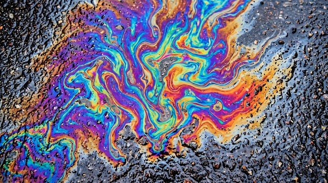 Abstract iridescent oil slick on wet asphalt texture background. Rainbow gasoline spill and petrol leak on dark road pavement after rain