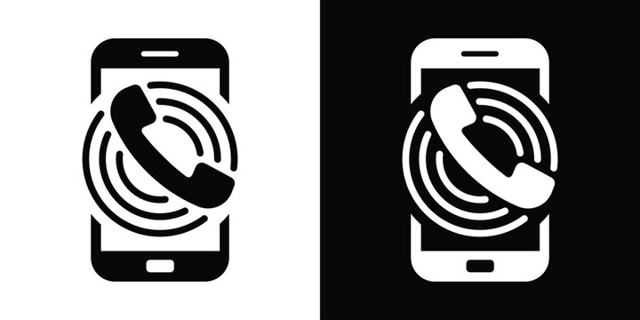 Smartphone icons with ringing signal waves and a phone handset on screen. Illustrates mobile calling, vibrating alerts, and cellular communication technology.