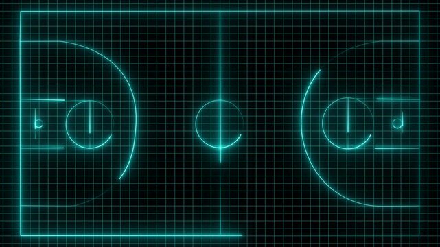 Glowing neon basketball court animation. Neon blue basketball court concept and grid line animated motion graphics 4k animation black background