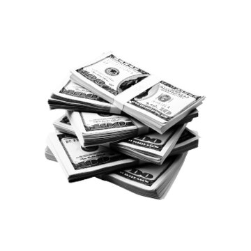 Black and white halftone illustration of a stack of US dollar banknotes, representing cash, wealth, and financial transactions.