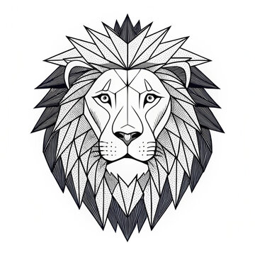 A geometric illustration of a lion's head with a majestic mane
