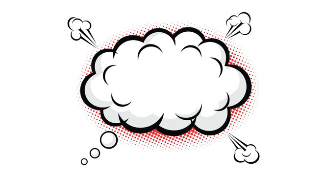 White fluffy cloud with speed lines and halftone dots in a classic retro comic book explosion style for speech bubbles and pop art.