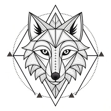A geometric illustration of a wolf's face with intricate lines and shapes on a white background