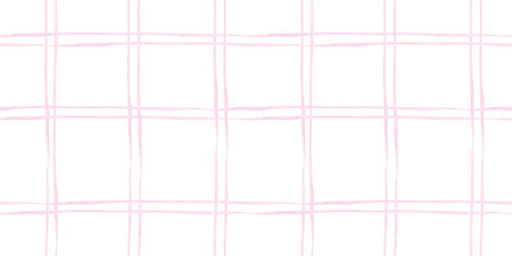 Coquette pink abstract gingham seamless pattern. Geometric thin stripe print in doodle style. Picnic tartan brushstroke texture hand paint background for textile, wallpaper, home decor, tablecloth