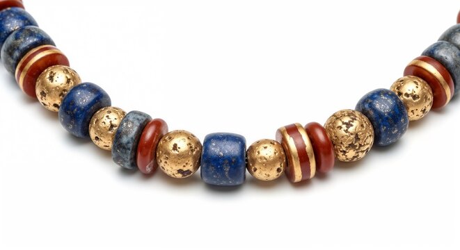 Close-up beads with lapis lazuli and red jasper gemstones and gold elements, isolated on white