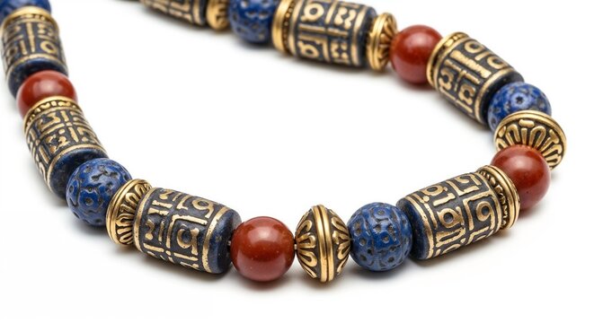 Old Mesopotamian style elongated beads with a geometric pattern with lapis lazuli and red jasper gemstones, isolated on white