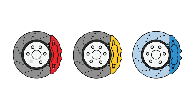 Set of three colorful disc brake calipers in red yellow and blue for automotive braking systems