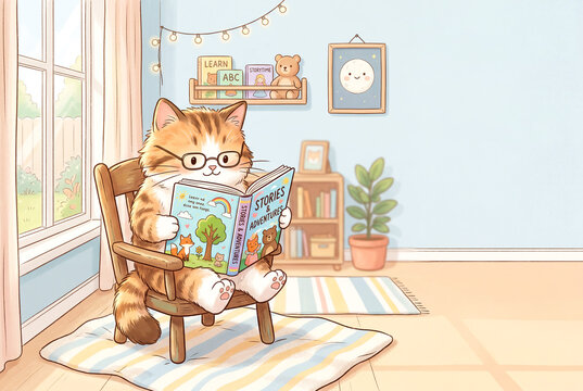 木製チェアに座り絵本を読む眼鏡猫、ガーランド飾られた爽やかな子ども部屋のキャラクターイラスト