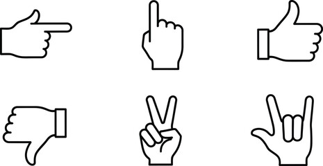 Fototapeta premium Set of Six Hand Gesture Icons Pointing Thumbs Up Down Peace Rock and Roll Keywords: hand gesture, pointing, thumb up, thumb down, peace sign, rock