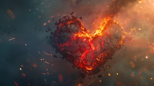 A photorealistic surreal image of a broken heart, shattered into floating, sharp pieces, with a brightly glowing core burning intensely in the center, a deeply emotional symbol of grief and passion.