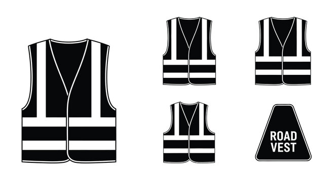 Four reflective safety vests and a road vest sign a stark silhouette