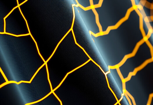 Smart fabric texture with integrated glowing gold circuitry.