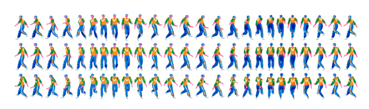 A colorful walking cycle character shown from multiple angles, ideal as animation reference, depicting motion, steps, and dynamic body movement sequence.