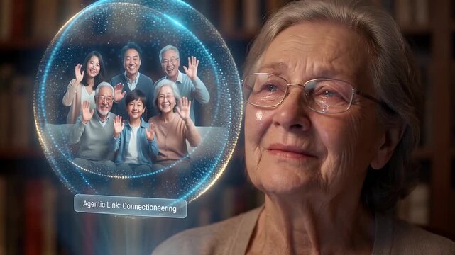 Elderly woman smiling while looking at a holographic projection of a happy multi-generational Asian family waving, symbolizing connection and future technology.