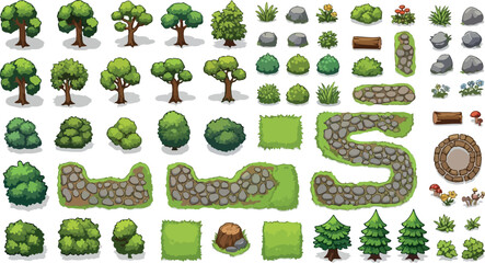 Fototapeta premium Cartoon nature game assets vector set, green forest trees and bushes collection, stone path and rock elements for landscape design isolated PNG with Transparent Background