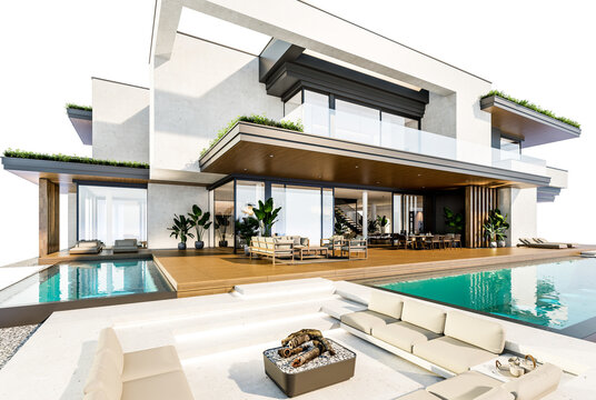 3d rendering of two-story house with parking and pool for sale or rent with concrete facade and beautiful landscaping on background. Clear sunny day isolated on white