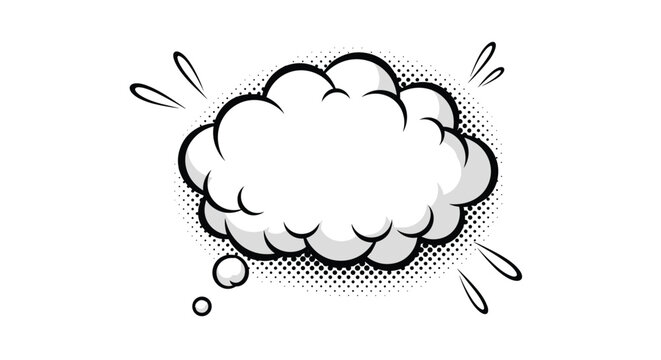 Empty white comic-style thought bubble with halftone dots and motion lines for text placement, storytelling, and speech bubble design.