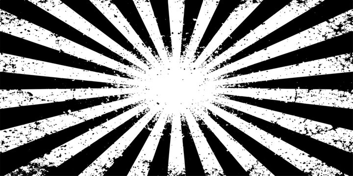 Black and white grunge sunburst abstract background with vintage rays texture and retro burst design