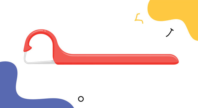 Plastic dental floss pick tool for oral hygiene and tooth care on a colorful abstract background for healthcare and dentistry themes.