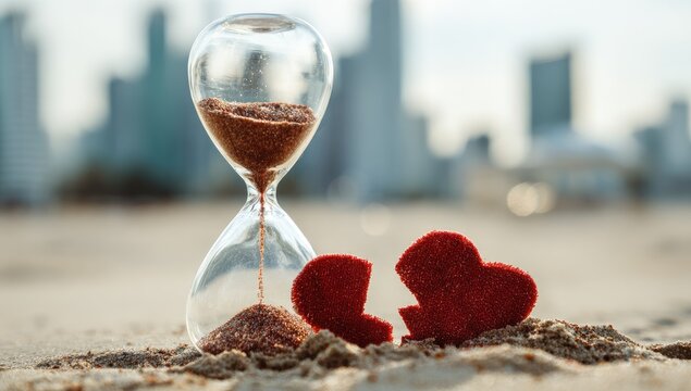 Broken hearts and an hourglass on sand, urban background
