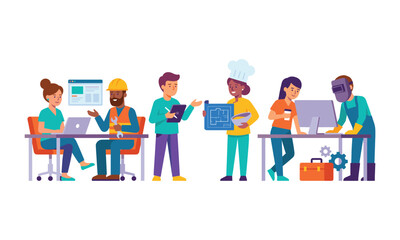Fototapeta premium Professional Diverse Workers and Creative Freelancers Collaborating in Flat Vector Illustration Featuring a Chef, Welder, Engineer, and Digital Content Creators.