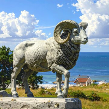 A large stone ram statue on a coastal cliff