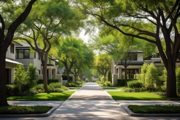 Obraz premium Suburban street extending between modern houses, lush green lawns, and mature shade trees