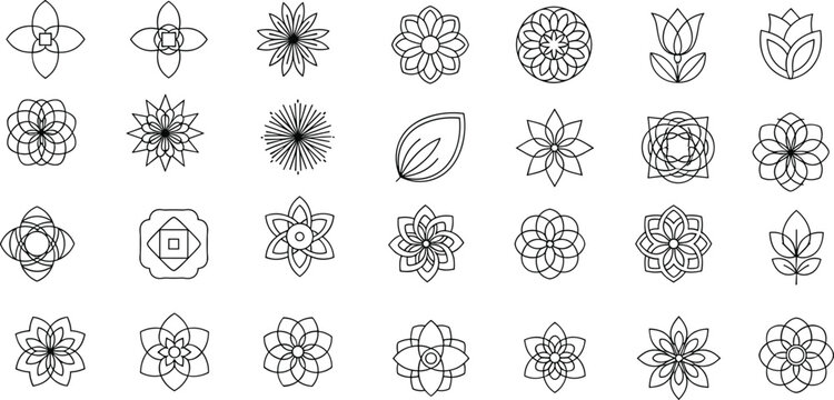 Geometric floral line icon set with abstract flowers mandala shapes minimal outline vector collection isolated on white background
