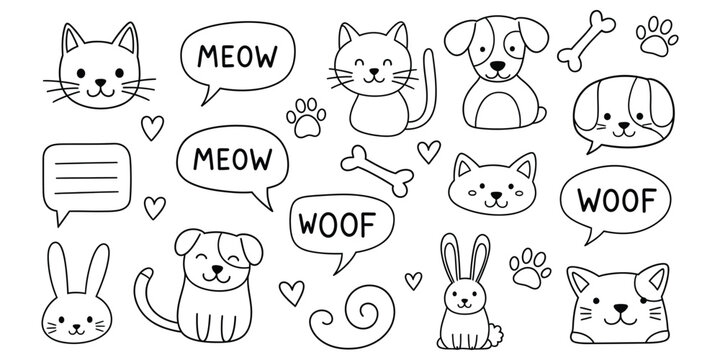 Charming doodle collection of cats dogs rabbits and bones with speech bubbles a whimsical hand drawn illustration