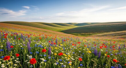 Obraz premium Vibrant wildflower meadow bathed in golden sunlight rolling green hills under a clear blue sky with fluffy clouds