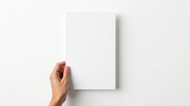 Maqueta de una mano sosteniendo una hoja de papel A4 en blanco en &aacute;ngulo recto