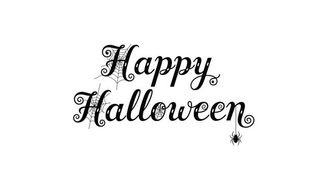 Decorative Happy Halloween lettering in black script adorned with delicate spiderwebs and a tiny hanging spider.