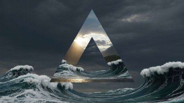 Surreal ocean landscape with geometric triangle portal, stormy sea waves under dark clouds, conceptual nature art with dramatic lighting