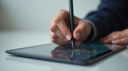 Obraz premium Mano usando un lápiz óptico en la pantalla de una tableta, trabajo digital creativo, composición limpia