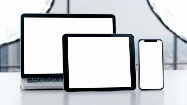 Laptop tablet smartphone devices with blank white screens on a table for responsive design display
