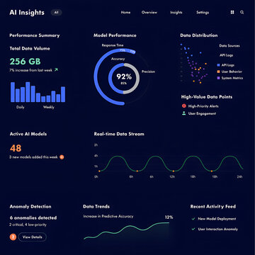 Advanced AI Insights Dashboard with Performance Summary Model Performance Charts Real Time Data Stream and Anomaly Detection in Sleek Dark Blue Theme