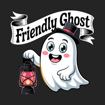 A cartoon illustration of a friendly ghost character with a black top hat and a glowing red lantern