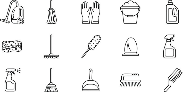 Collection of cleaning supplies including vacuum mop gloves bucket spray bottle and brushes vacuum cleaner