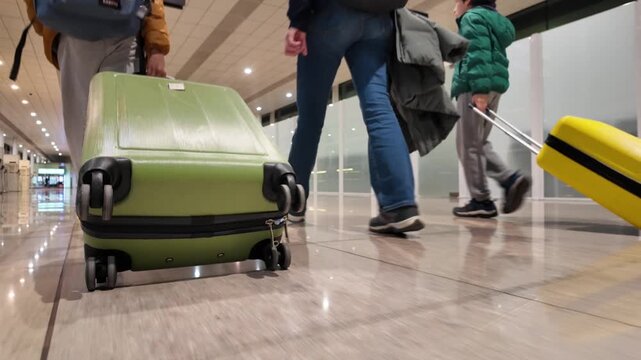 Family walking through airport terminal with luggage, low-angle view of travelers with suitcases and bags going on vacation or journey through a passenger hall