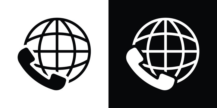 Global phone call icon featuring a world globe and telephone handset. Represents international roaming, worldwide customer support, and global telecommunications in solid black and white.
