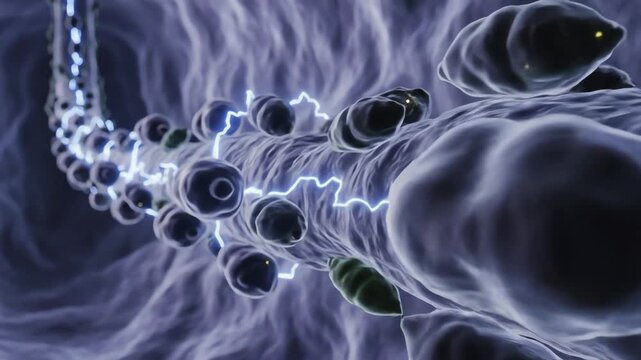 Neuronal mitochondria in dopaminergic cells showing reduced energy output. ATP pulses appear weaker and less frequent, causing axonal signals to dim