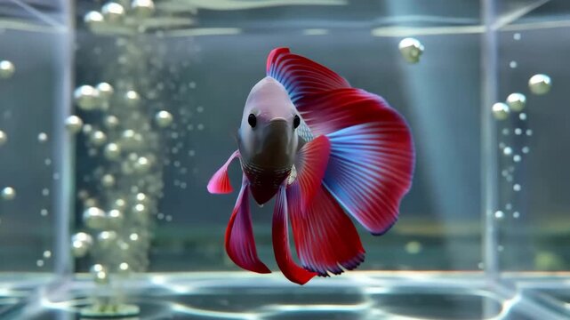 Betta fish with vibrant mood swimming in aquarium with bubbles on soft blurred background